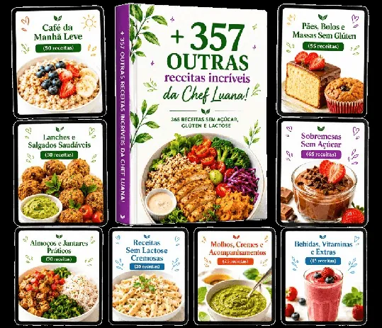 Mosaico com prévia das 357 receitas extras da Chef Luana